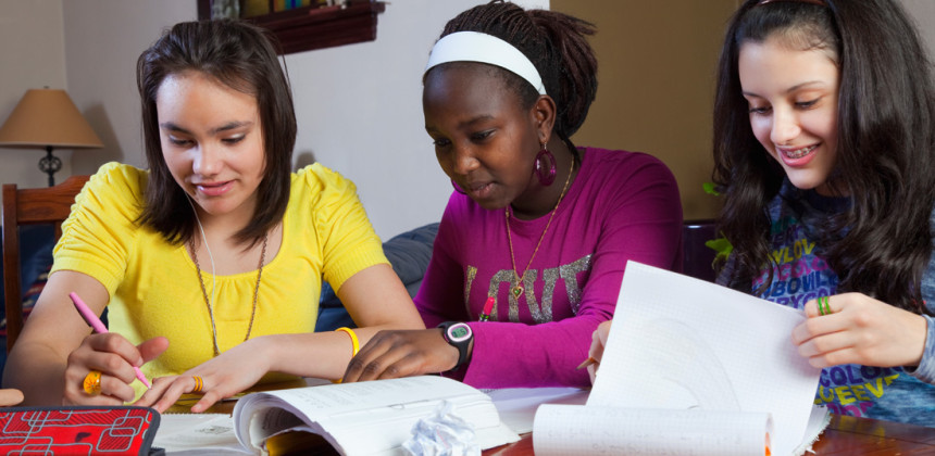 School girls studying material together