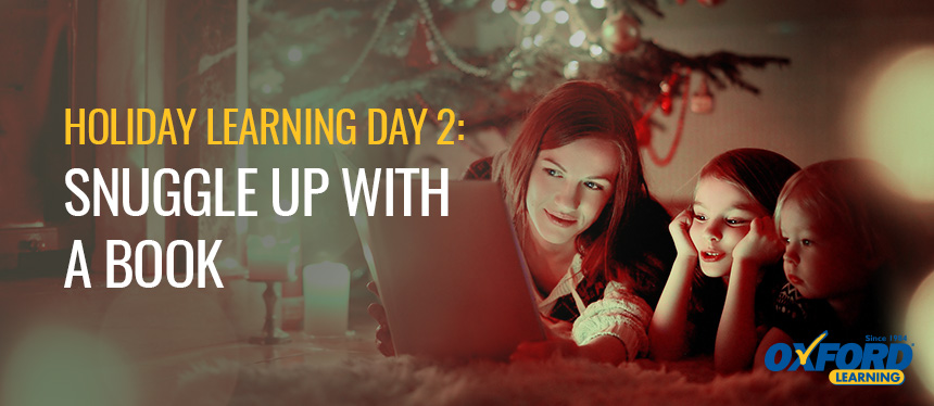 Day 2: Snuggle up with a book featuring girl and mother reading in front of a Christmas tree